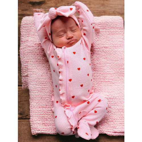 Organic Waffle Ruffle Zip Footie, Little Red Heart (on Pink)