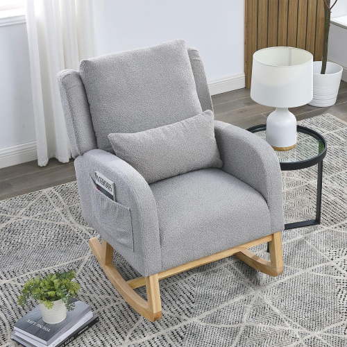 Rocking Chair Nursery with Pillow, Nursery Rocking Chairs in Teddy Fabric with Wingback & Armrest, Built-in 2 Side Pockets, Comfy Nursery Glider Nursing Chair Armchair for Living Room, Bedroom, Grey