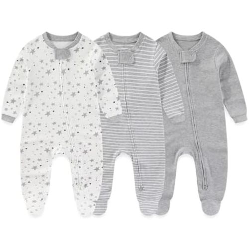 Baby Boy Girl 3 Pieces Zipper Rompers Cotton Newborn Unisex Footed Jumpsuits Long Sleeve Infant Clothes
