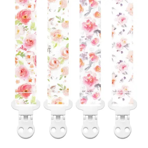 Baby Pacifier Clip Holder - Girl 4 Pack Gift Set – Vintage Rose Flowers Floral Pink, Coral, Green, Gray, Blush