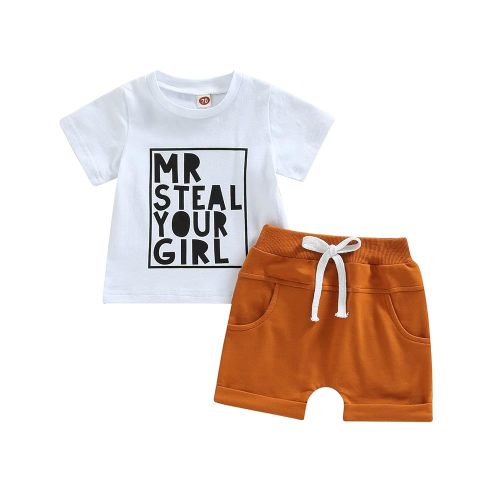 Kupretty Toddler Baby Boy Summer Clothes Letter Graphic Short Sleeve Shirt T-Shirt Tops + Casual Shorts Outfit Set