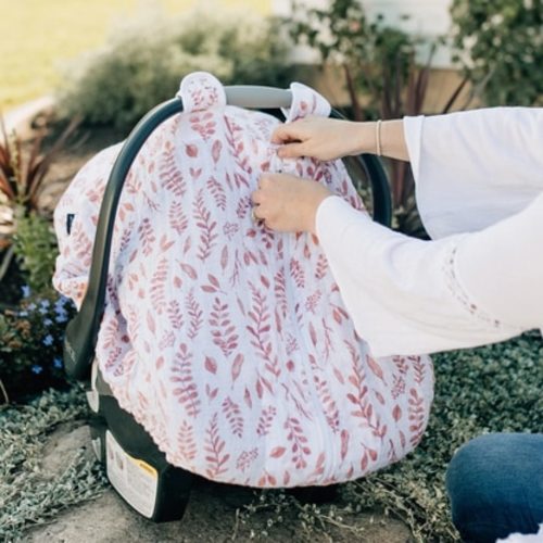 Muslin Car Seat Cover, Pink Leaves