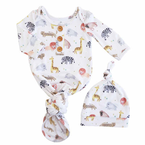 Safari Party Newborn Baby Knot Gown & Hat Set