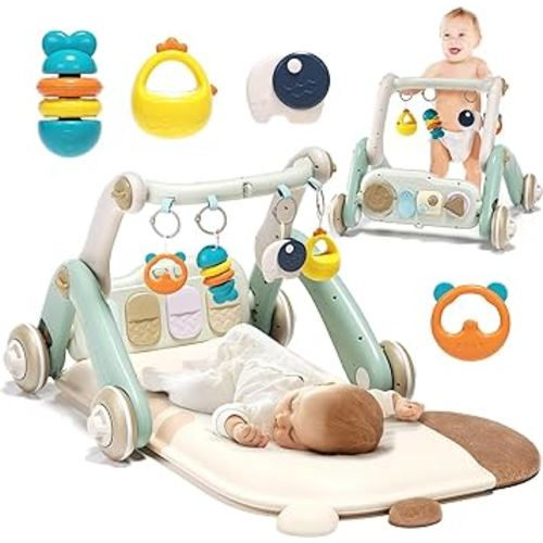 2 in 1 Baby Gym with Walker,Baby Play Mat with 4 Infant Learning Sensory,Double-Sided Multifunctional Removable Play Piano Panel,Sit-to-Stand Learning Walker for 0-24 Months Boy Girl [White]