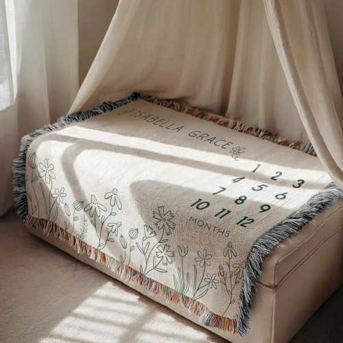 Custom Milestone Woven Blanket Girl Custom Name Blanket Wildflower New Baby Gift Girl Floral Month Blanket Personalized Baby Shower Keepsake