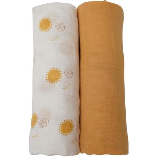 Baby Swaddle Blanket, Gender Neutral, 100% Organic Cotton, 2 Pack Super Soft and Lightweight Muslin Baby Blanket, 47"x47", Sunshine Print & Yellow.