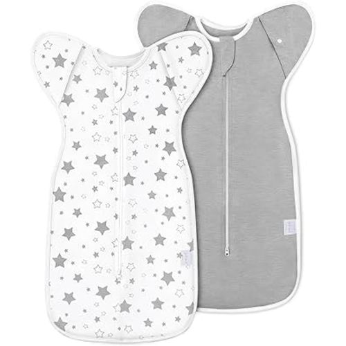 2-Pack Baby Swaddle Sleep Sack 0-3 Months - Arms Up Transitional Swaddle for Newborns, Baby Sleep Sack with Cuff Removable & 2-Way Zipper, Gray Stars Design