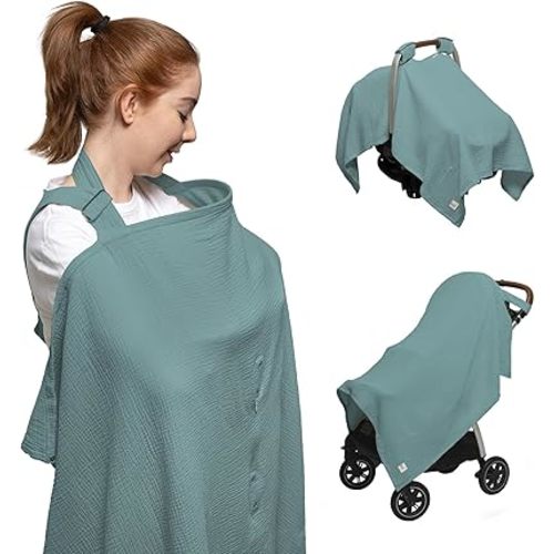 Nilsa 5-in-1 Muslin Nursing Cover up for Breastfeeding & Baby Car Seat Cover - Breathable Breastfeeding Cover With Rigid Hoop - 100% Cotton Privacy Apron Breast Feeding Covers For Women (Mint green)