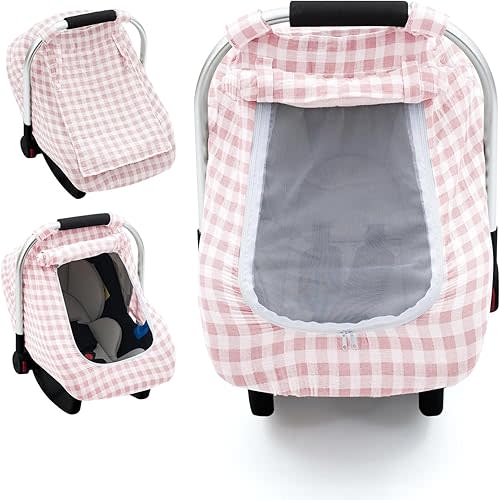 Muslin Car Seat Cover Baby, Summer Infant Carseat Covers with Breathable Window, Lightweight Car Seat Sun Shade Cover for Girls Boys, Fit Spring Summer (Pink)