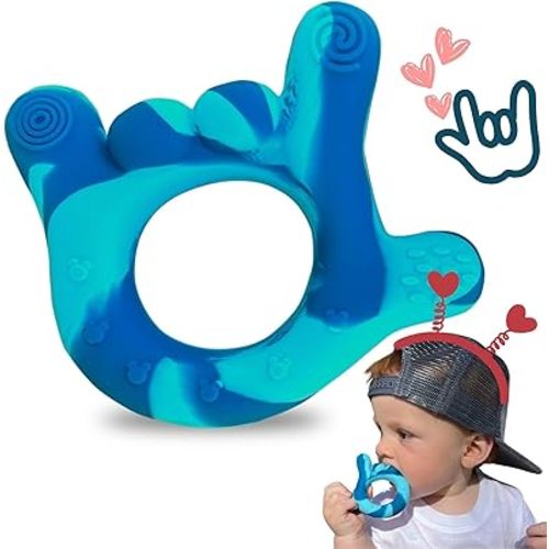 I Love You Silicone Hand Teether, Teethers for Babies 3-6 Months, Soft Teething Toys 6-12 Months bpa Free, Massaging Teething Relief (Blue)