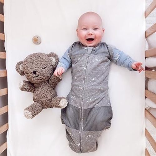 Happiest Baby Sleepea 5-Second Swaddle - 100% Organic Cotton Baby Swaddle Blanket - Doctor Designed Promotes Healthy Hip Development (Charcoal Stars, Small)