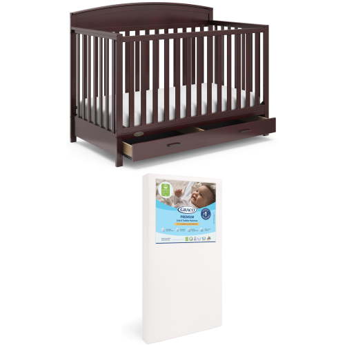Graco Benton 5-in-1 Convertible Crib with Drawer and Premium Crib & Toddler Mattress Bundle, Espresso