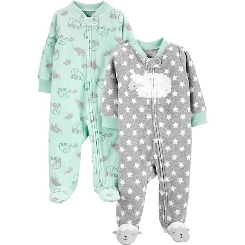 Simple Joys by Carter's Baby 2-Pack Neutral Fleece Footed Sleep and Play - 0-3 Months - Grey Stars/Mint Green Elephant