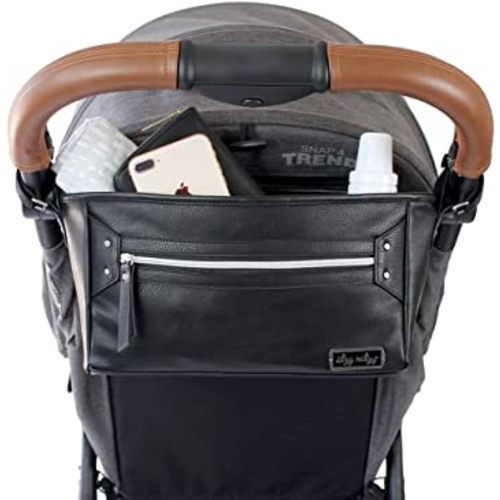 Itzy Ritzy Adjustable Stroller Caddy - Stroller Organizer Bag Featuring Front Zippered Pocket, 2 Built-in Interior Pockets & Adjustable Straps to Fit Nearly Any Stroller (Black with Silver Hardware)