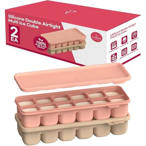 Silicone Freezer Trays with Lid, 1oz 2ea Sets 12 Cube - Leak Proof Baby Food Freezer Tray for Breastmilk, Purees, Vegetables - Easy-Release Stackable Ice Cube Trays, Baby Food Jars BPA Free B+R