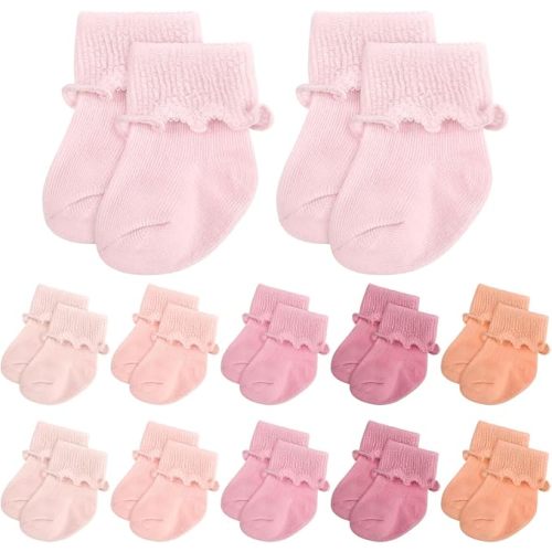 Toulite 12 Pairs Newborn Baby Ankle Socks Ruffle Turn Cuff Cotton Non-slip Warm Socks for Girls and Boys Infant