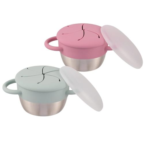 Elk and Friends Stainless Steel Snack Cups – Pack of 2 | Removable Silicone Food Catcher and Travel Lid | Spill-Proof Snack Containers for Baby, Toddler, Kids | Dishwasher Safe, Food Grade Silicone