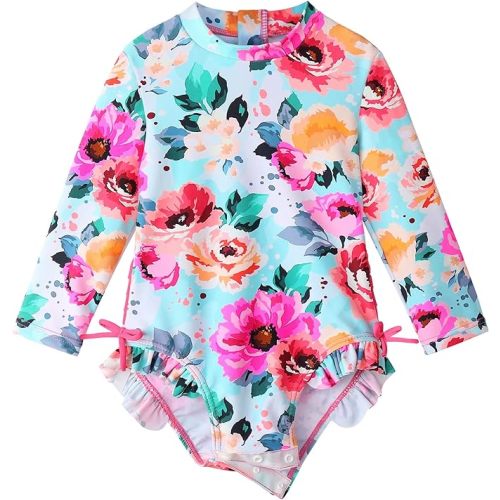 Girls Long Sleeve Zipper Rash Guard 1 Piece UPF 50+ Sun Protection - 12-18 Months - Hotpinkflower+snaps