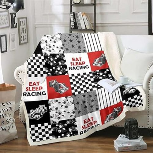 Race Car Fuzzy Blanket Racing Vehicle Speed Games Throw Blanket Extreme Sports Fleece Blanket for Boys Men Racer, Racing Checkered Patchwork Theme Flannel Blanket Baby Size, Red Black White