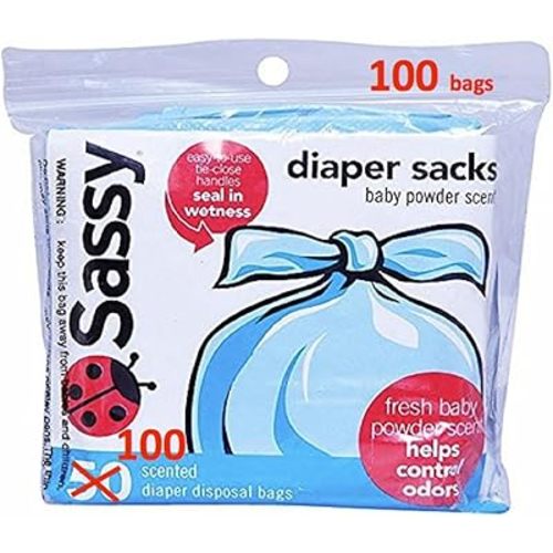 Sassy 100 Count Disposable Diaper Sacks, Powder Scented, 4-25 Sacks per Roll, Easy-to-Tie, Diaper Disposal or Pet Waste Bags