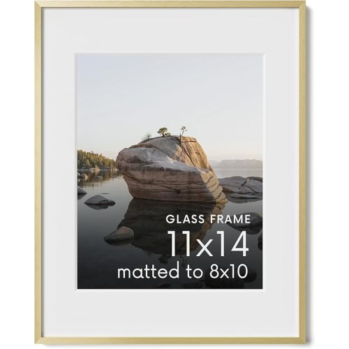 HAUS AND HUES 11x14 Picture Frame with Real Glass & Gold Premium-Grade Metal Matted to 8x10 - Aluminum 11x14 Picture Frame - Includes Hanging Kit - Ideal for Home, Office (11x14 in, Gold)