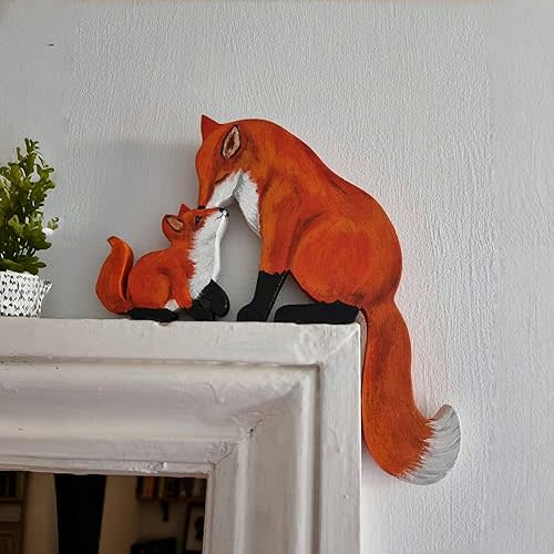 Mama and Baby Fox Door Topper Adorable Fox Shape Statue Door Corner Sculpture for Handcrafted Wood Decor Sign, Creative Wooden Art Figurine Ornament for Garden (FIRE Fox (Mama+Baby))