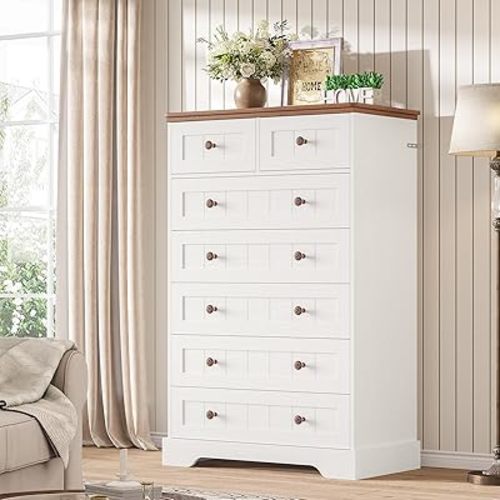 Hasuit White Dresser for Bedroom, Farmhouse 7 Drawers Dresser, 51.4"Tall Dressers Chest of Drawers with Hand Carved Panel, Large Wood Closet Storage Organizers Dressers for Bedroom Living Room Hallway
