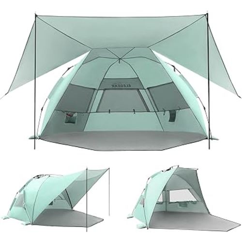 Elegear Beach Tent With 360 Removable Canopy, 4-6 Person Pop Up Sun Shade Shelter, UPF 50+ Automated Installation Double Silver Coating Portable Lightweight Cabana