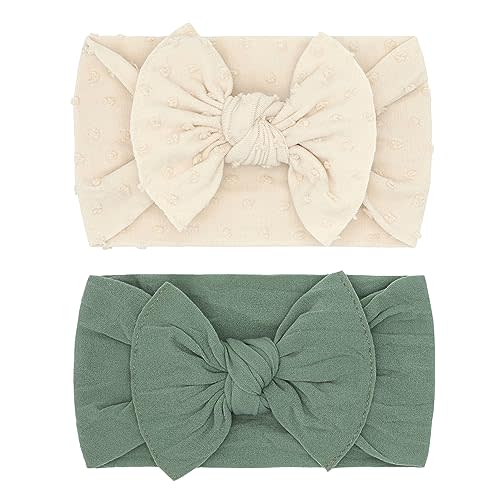 Baby Bling Bows Newborn to Little Girls Hair Bow - Girls Classic Knot Headbands Toddlers Hair Accessories, Made in the USA, One Size (2 Pack - Oat oat dot & Sage)
