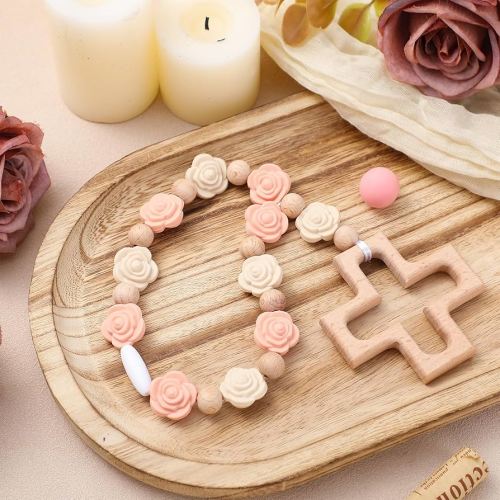 Cross Baptism Silicone Rosary Silicone Ten Year Rosary Baby Shower Baptism Party Supply Catholic First Communion Gift Christian Communion Party Decorations(Rose,Light Pink)