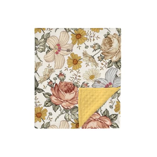 HawSkgFub Retro Boho Peony Floral Mink Baby Blanket Dotted Backing Girls, Yellow Vintage Bohemia Daisy Flower Double Layer Nursery Bed Blankets, Soft Plush Newborn Infant Toddler Crib Bedding 30 x 40