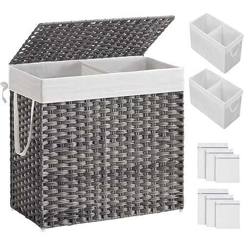 SONGMICS 130L Clothes Hamper with Lid, 2 Removable Liner Bags, 6 Mesh Bags, Wicker, Double Laundry Basket for Bathroom, 13 x 26 x 23.6 Inches, Gray ULCB253G01