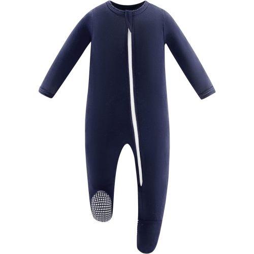 Owlivia Rayon Made from Bamboo Baby Boy Girl Sleep 'N Play, Zip Front Non-Slip Footed Sleeper Pajamas - 0-3 Months - Navy