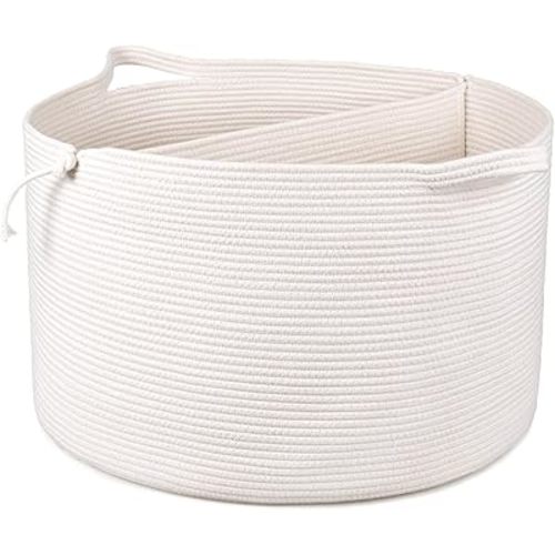 ZLG Round Laundry Hamper 2 Section 83L Jumbo Blanket Basket Woven Towel Basket in Living Room Nursery Clothes Organizer White Woven Storage Basket for Kids with Handles, 21.7 x 21.7 x 13.8 inches