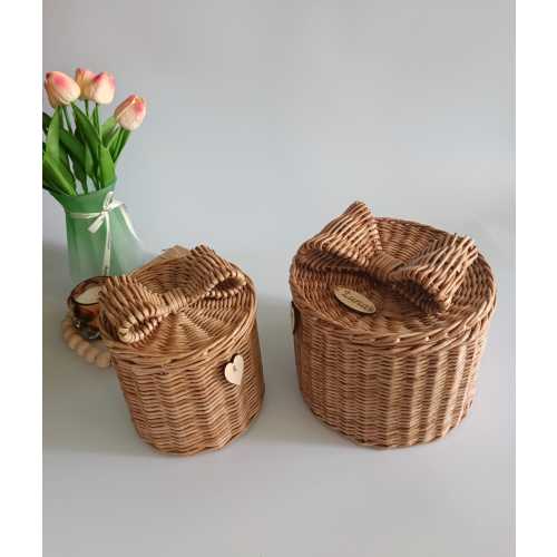 Wicker Gift Basket with Lid and Bow, Personalized Empty Woven Gift Box, Handmade Keepsake Basket with Heart&Name Tag