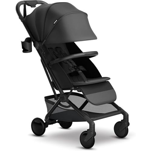 Mompush Velo Lightweight Travel Stroller – One-Hand Fold, Ultra-Compact & Airplane Friendly, Lie-Flat Recline Seat (from Birth to 50 lbs), Includes Cup Holder, Shoulder Strap, and Leather Bumper Bar