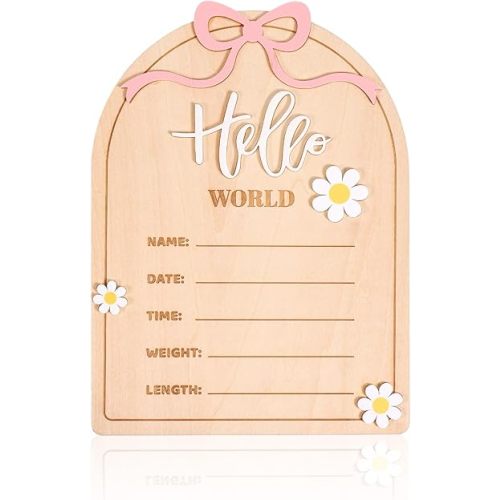 Pink Bow Newborn Announcement Sign, 3D Daisy Wooden Hello World Baby Welcome Board Hospital Birth Name Sign Photo Prop for Baby Shower Gender Reveal Nursery Decor