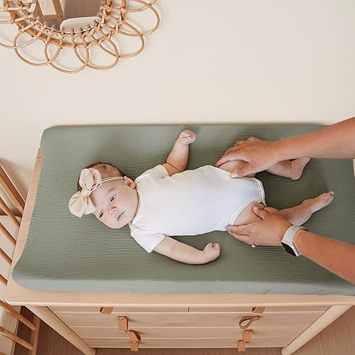 Konssy 2 Pack Muslin Changing Pad Covers, Ultra Soft & Breathable Cotton Baby Diaper Changing Table Covers, Neutral Nursery Diaper Changing Pad Sheets (Fog Green,Cream)