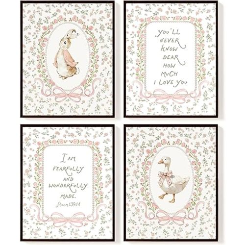 SkyCozy Baby Girl Nursery Wall Art Set of 4, Pink Christian Nursery Decor, Vintage Grandmillennial Bunny Goose Poster & Prints, Cottagecore Floral Wall Art for Girls Room Kids Bedroom, 8x10 Unframed
