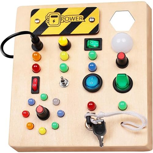 Busy Board with Led Light, Wooden Educational Montessori Sensory Travel Toys for Toddlers 1-3, Fine Motor Skills Birthday Gifts for Boys Girls Toddlers 1 2 3