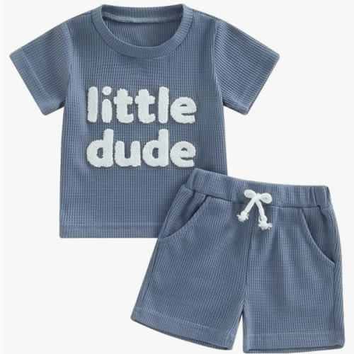 Kupretty Toddler Baby Boy Summer Clothes Embroiderey Waffle Knit Short Sleeve T-Shirt Tees + Casual Shorts Cute Clothing Set