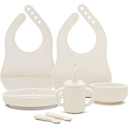 Lalo First Bites Silicone Baby Feeding Set - Baby Led Weaning Supplies - Non-Toxic Silicone - Includes 2 Bibs, 2 Spoons, Training Cup, Suction Plate and Bowl - 6 Pieces - Oatmeal