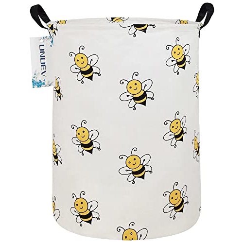 ONOEV Round Folding Laundry Hamper, Canvas Basket,Nersury Hamper,Suitable for Children,Office,Bedroom,Clothes,Toys Storage(Bee)