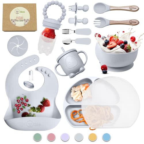 O'doe 17-Piece BPA-Free Silicone Baby Feeding Set | Thick & Soft Suction Plates, Baby Bowls, Wooden Fork & Spoon, and More | Make Mealtime Fun and Easy for Your Little One (Grey, V2)