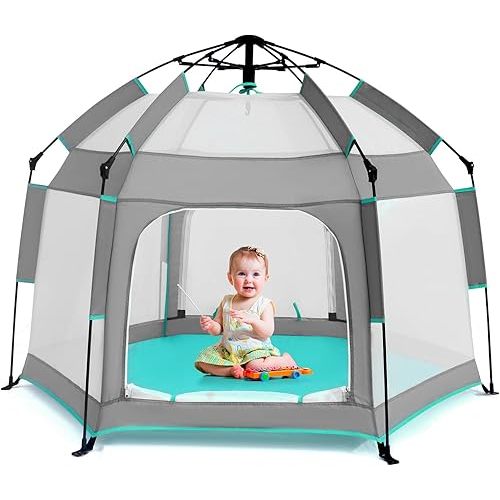 Baby Playpen with Canopy, Portable Baby Beach Tent, Toddler Play Yard Indoor and Outdoor, Foldable Mosquito Net for Infant - Grey