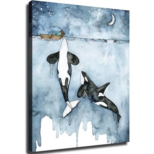 Orca and Girl Print Watercolor Painting Killer Whale Art Marine Life Poster Living Room Office Decor Modern Family Bedroom Decor Posters (16x24inch-Framed)