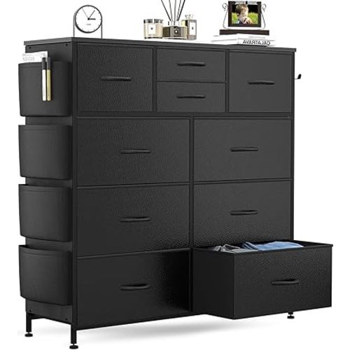Lulive Dresser for Bedroom with 10 Drawers, Chest of Drawers with Side Pockets and Hooks, PU Storage Dresser, Organizer Unit for Living Room, Hallway, Closet (Black)