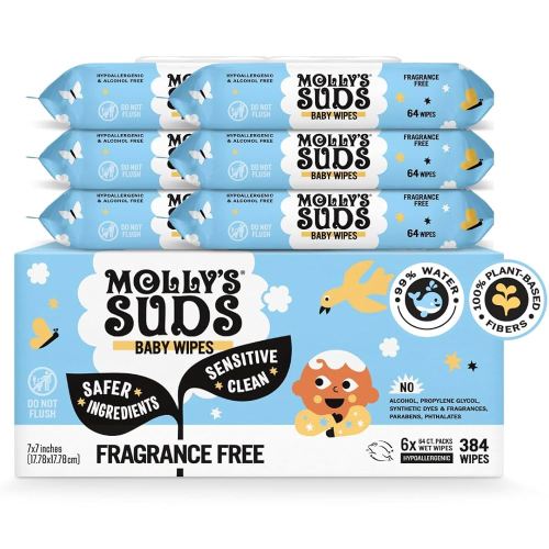 Molly's Suds Sensitive Clean Baby Wipes | 99% Water, Plant-Based, Fragrance Free | 384 Total Wipes (6 Flip-Top Packs)