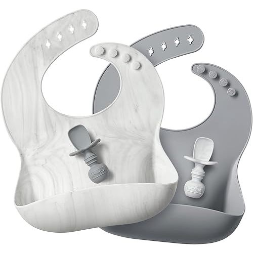 SAMiGO Baby Silicone Bibs with Food Catcher - Self Feeding Spoons - Set of 4 for Boys Girls and Toddlers 6 Months+