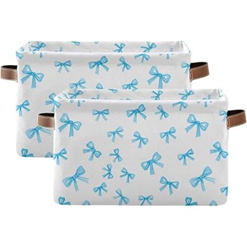Watercolor Blue Bows Storage Bins Collapsible Storage Basket with Metal Frame, Fabric Shelves Bins Closet Baskets with Handles, 2-Pack